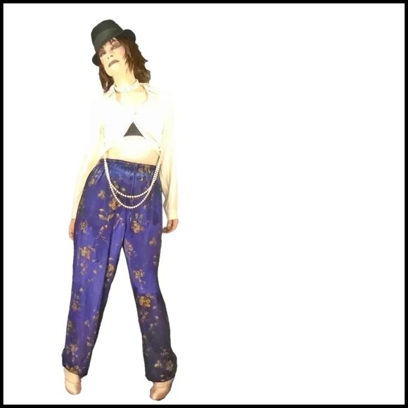 Satin Lounge Pants 40s Style Heavy Trousers Vintage Formal Pant Bluecore - Picture 4 of 11